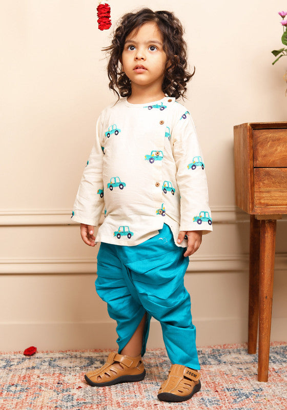 Polka Tots Full Sleeves Car Embroidery Baby Angrakha Top With Dhoti - Cream - Laadlee