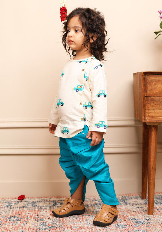 Polka Tots Full Sleeves Car Embroidery Angrakha Top With Dhoti - Cream - Laadlee