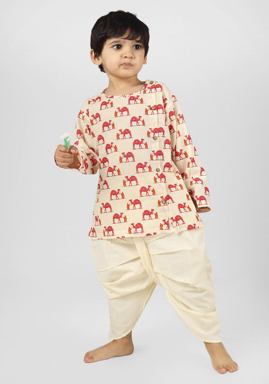 Polka Tots Full Sleeves Camel Print Baby Angrakha Top With Dhoti - Cream