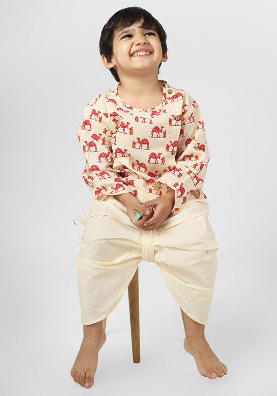 Polka Tots Full Sleeves Camel Print Baby Angrakha Top With Dhoti - Cream - Laadlee