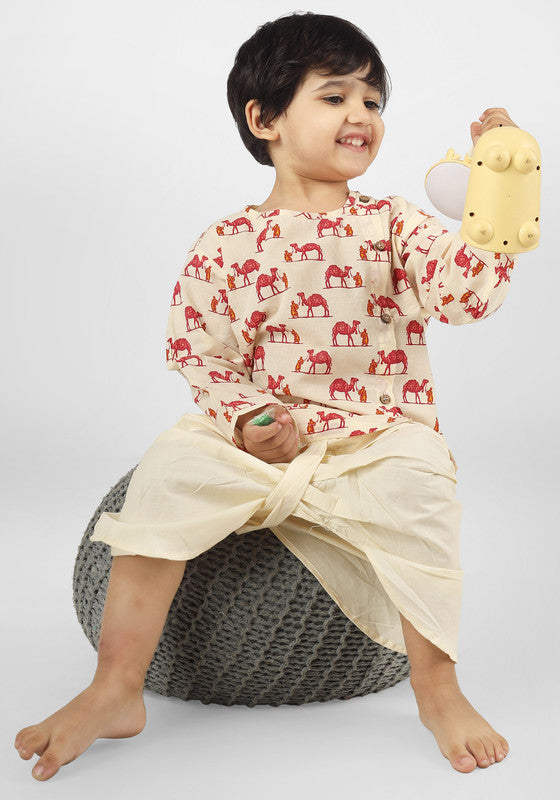 Polka Tots Full Sleeves Camel Print Angrakha Top With Dhoti - Cream - Laadlee
