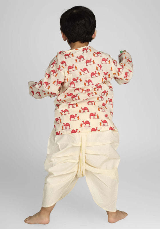 Polka Tots Full Sleeves Camel Print Angrakha Top With Dhoti - Cream - Laadlee