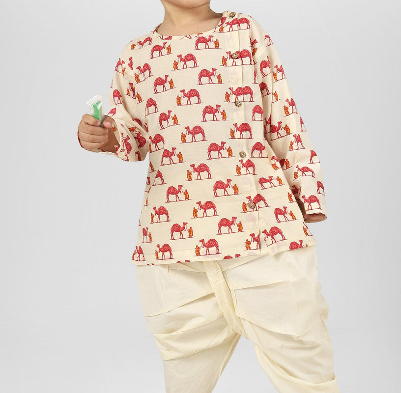 Polka Tots Full Sleeves Camel Print Angrakha Top With Dhoti - Cream - Laadlee