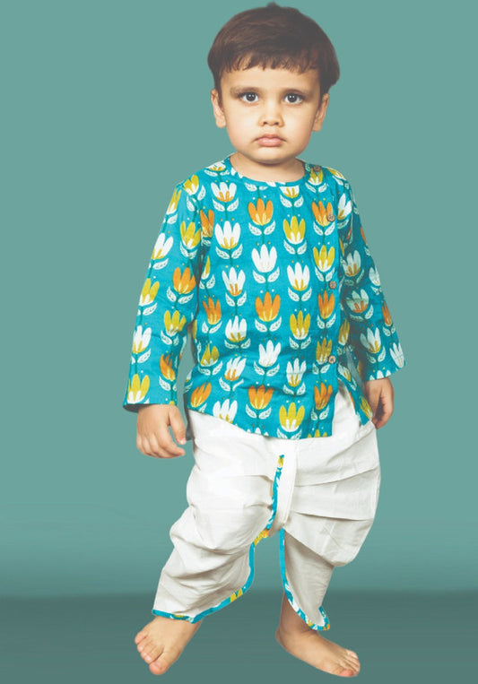 Polka Tots Full Sleeves Lotus Print Baby Angrakha with Dhoti - Blue