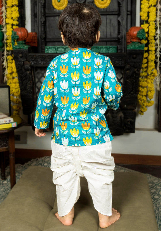 Polka Tots Full Sleeves Lotus Print Angrakha with Dhoti - Blue