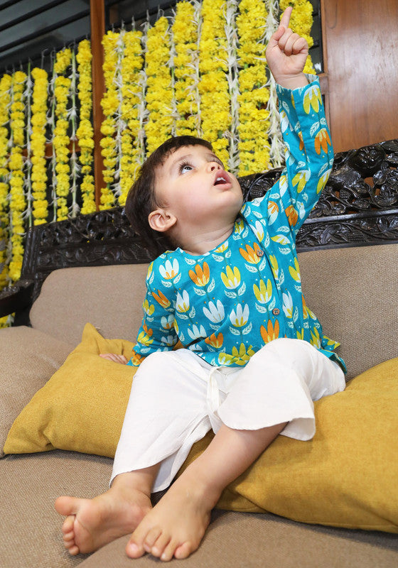 Polka Tots Full Sleeves Lotus Print Angrakha with Dhoti - Blue - Laadlee