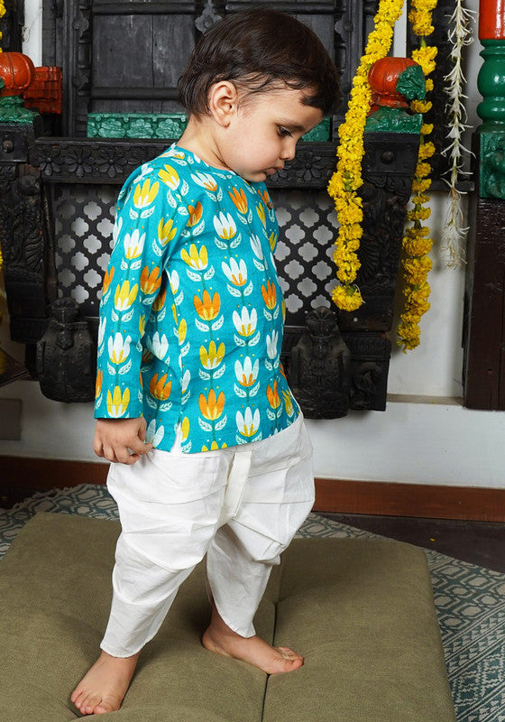 Polka Tots Full Sleeves Lotus Print Angrakha with Dhoti - Blue - Laadlee