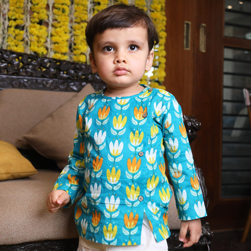 Polka Tots Full Sleeves Lotus Print Angrakha with Dhoti - Blue - Laadlee