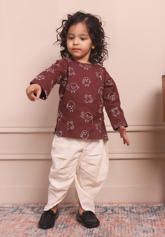 Polka Tots Full Sleeves Birds Embroidery Baby Angrakha with Dhoti - Wine - Laadlee