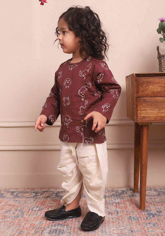 Polka Tots Full Sleeves Birds Embroidery Angrakha with Dhoti - Wine - Laadlee