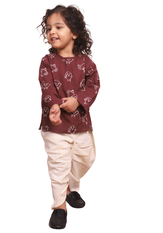 Polka Tots Full Sleeves Birds Embroidery Baby Angrakha with Dhoti - Wine