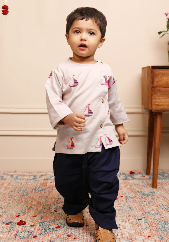 Polka Tots Full Sleeves Boat Embroidery Baby Angrakha with Dhoti - Grey - Laadlee
