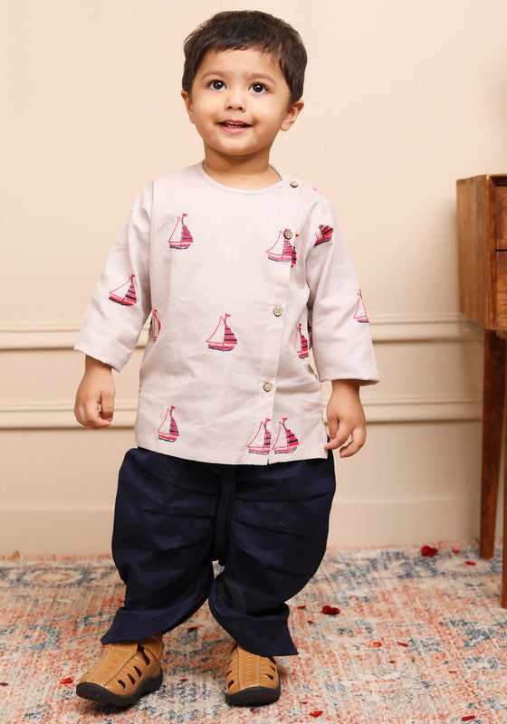 Polka Tots Full Sleeves Boat Embroidery Baby Angrakha with Dhoti - Grey - Laadlee