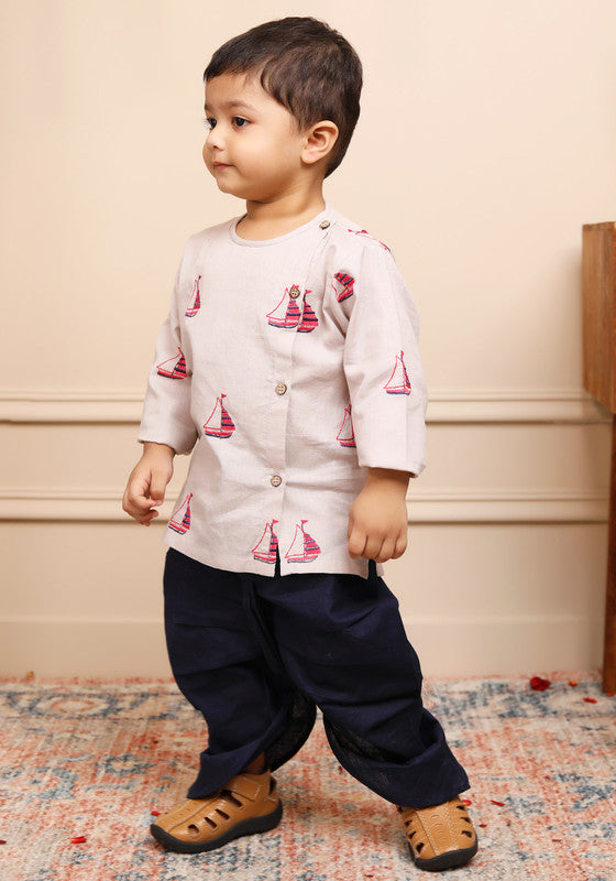 Polka Tots Full Sleeves Boat Embroidery Baby Angrakha with Dhoti - Grey