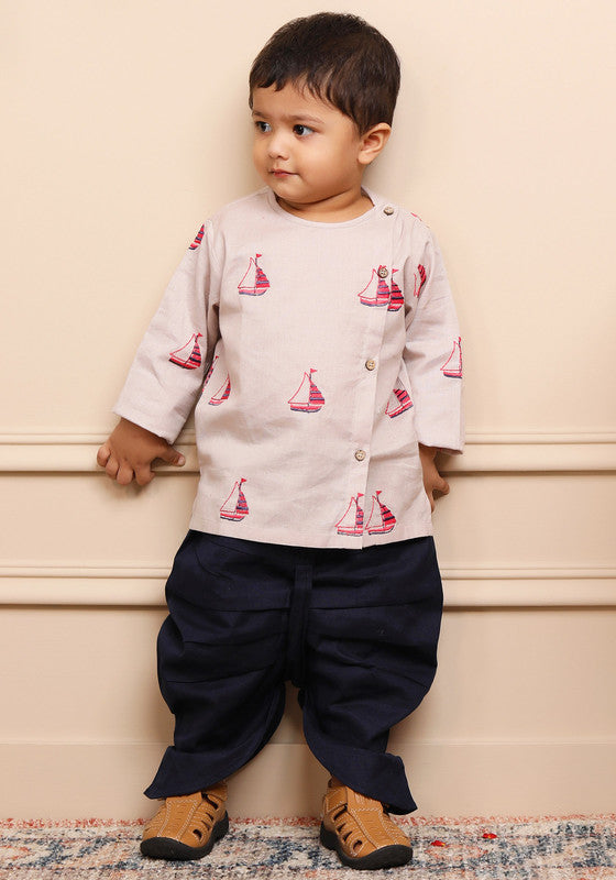 Polka Tots Full Sleeves Boat Embroidery Baby Angrakha with Dhoti - Grey - Laadlee