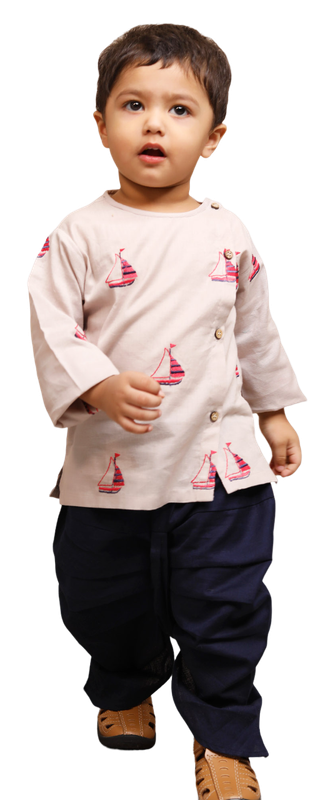 Polka Tots Full Sleeves Boat Embroidery Angrakha with Dhoti - Grey