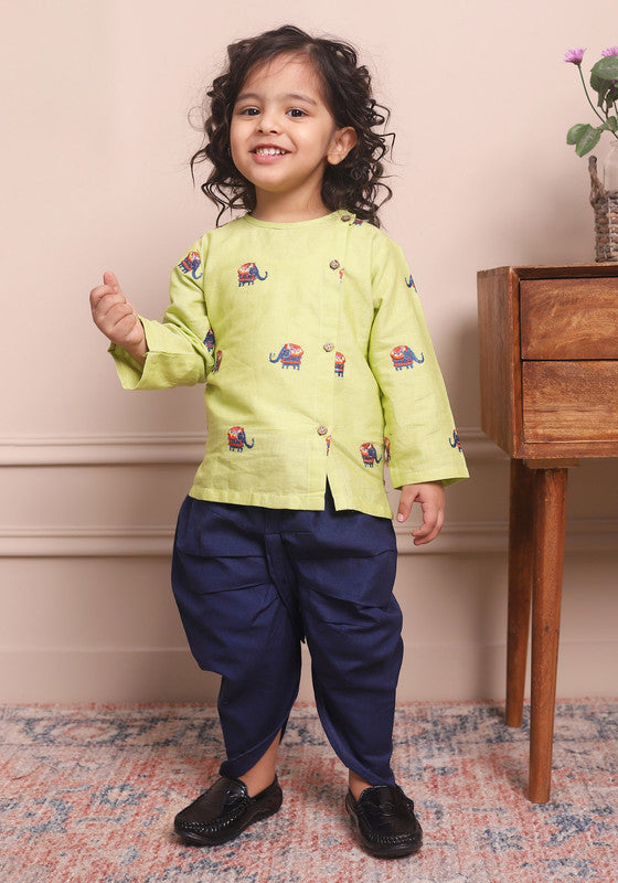 Polka Tots Full Sleeves Elephant Embroidery Baby Angrakha Top With Dhoti - Green