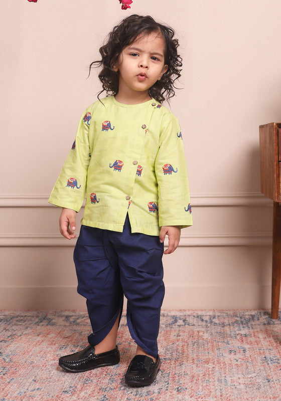 Polka Tots Full Sleeves Elephant Embroidery Angrakha Top With Dhoti - Green - Laadlee