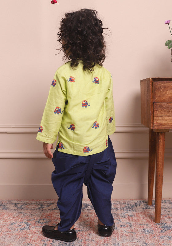 Polka Tots Full Sleeves Elephant Embroidery Angrakha Top With Dhoti - Green - Laadlee