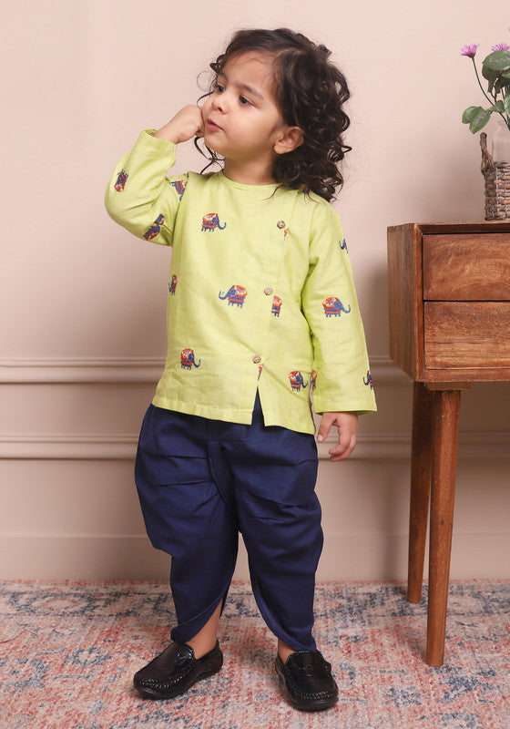 Polka Tots Full Sleeves Elephant Embroidery Baby Angrakha Top With Dhoti - Green
