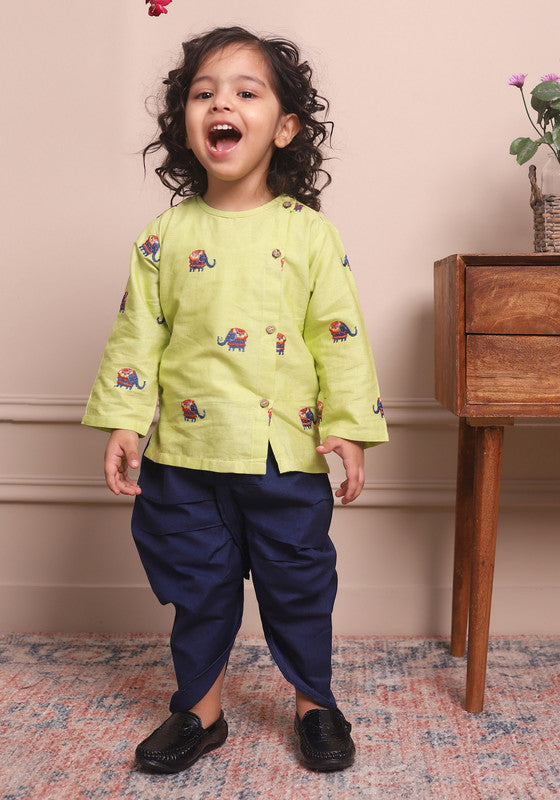 Polka Tots Full Sleeves Elephant Embroidery Angrakha Top With Dhoti - Green - Laadlee