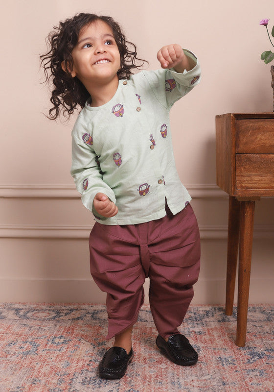 Polka Tots Full Sleeves Rickshaw Embroidery Angrakha with Dhoti - Green - Laadlee