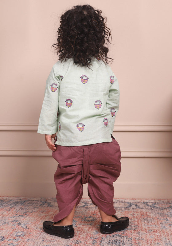 Polka Tots Full Sleeves Rickshaw Embroidery Angrakha with Dhoti - Green - Laadlee