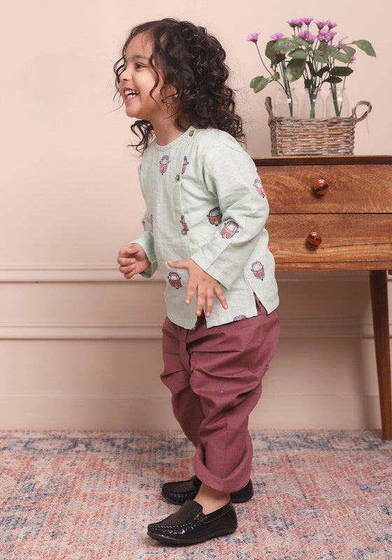 Polka Tots Full Sleeves Rickshaw Embroidery Baby Angrakha with Dhoti - Green - Laadlee