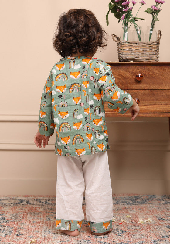 Polka Tots Full Sleeves Baby Night Wear Wolf Kurta Pyjama - Rainbow - Laadlee