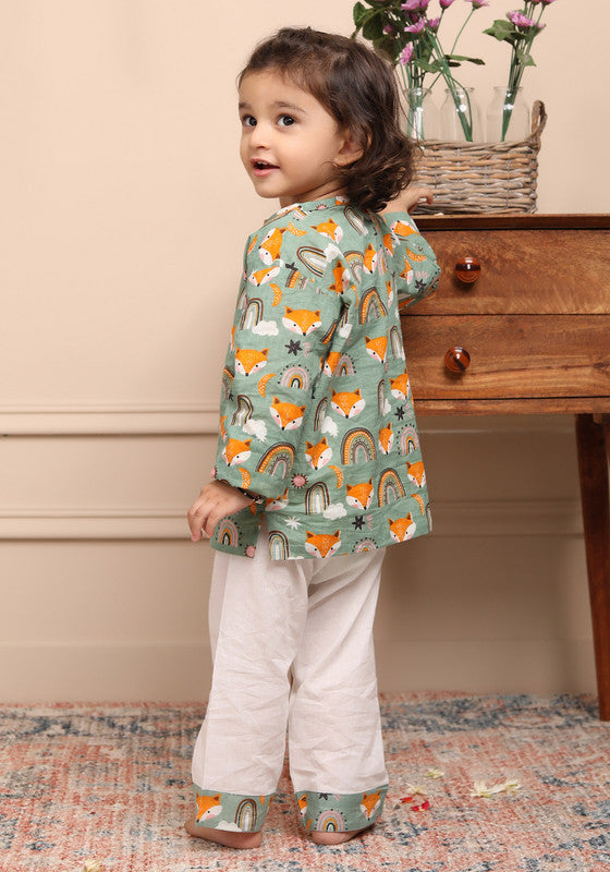 Polka Tots Full Sleeves Baby Night Wear Wolf Kurta Pyjama - Rainbow - Laadlee