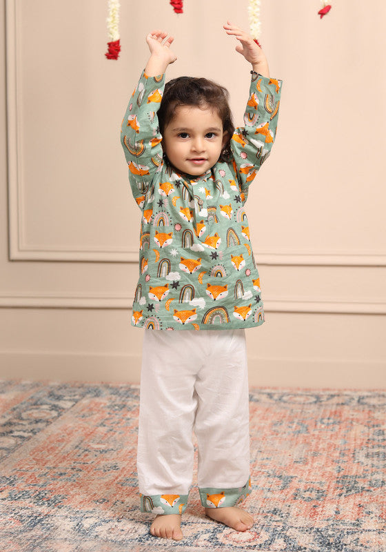 Polka Tots Full Sleeves Baby Night Wear Wolf Kurta Pyjama - Rainbow - Laadlee