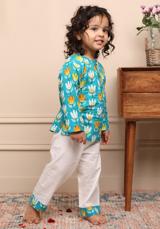 Polka Tots Full Sleeves Night Wear Lotus Kurta Pyjama - White - Laadlee