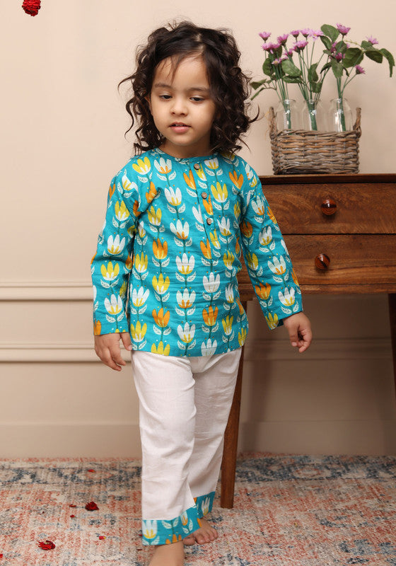 Polka Tots Full Sleeves Night Wear Lotus Kurta Pyjama - White - Laadlee