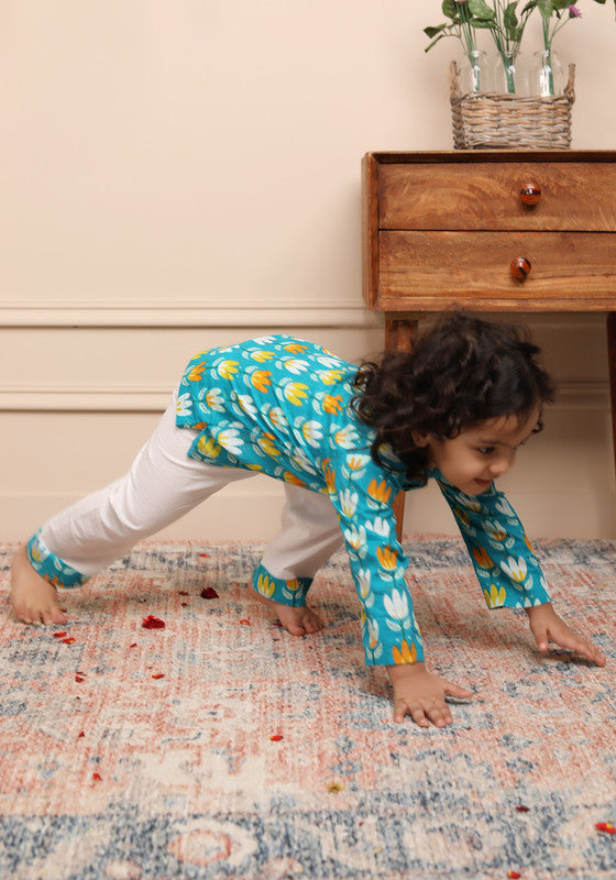 Polka Tots Full Sleeves Night Wear Lotus Kurta Pyjama - White - Laadlee