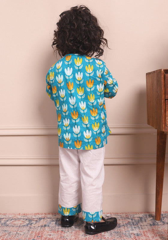 Polka Tots Full Sleeves Night Wear Lotus Kurta Pyjama - White - Laadlee