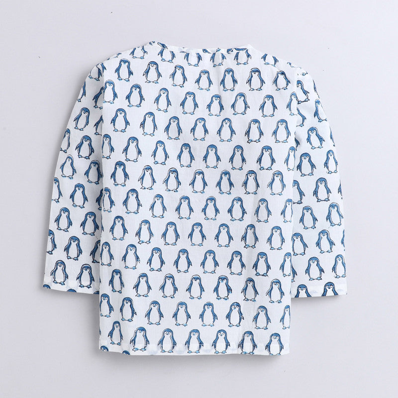 Polka Tots Full Sleeves Baby Night Wear Penguin Kurta Pyjama - Blue - Laadlee