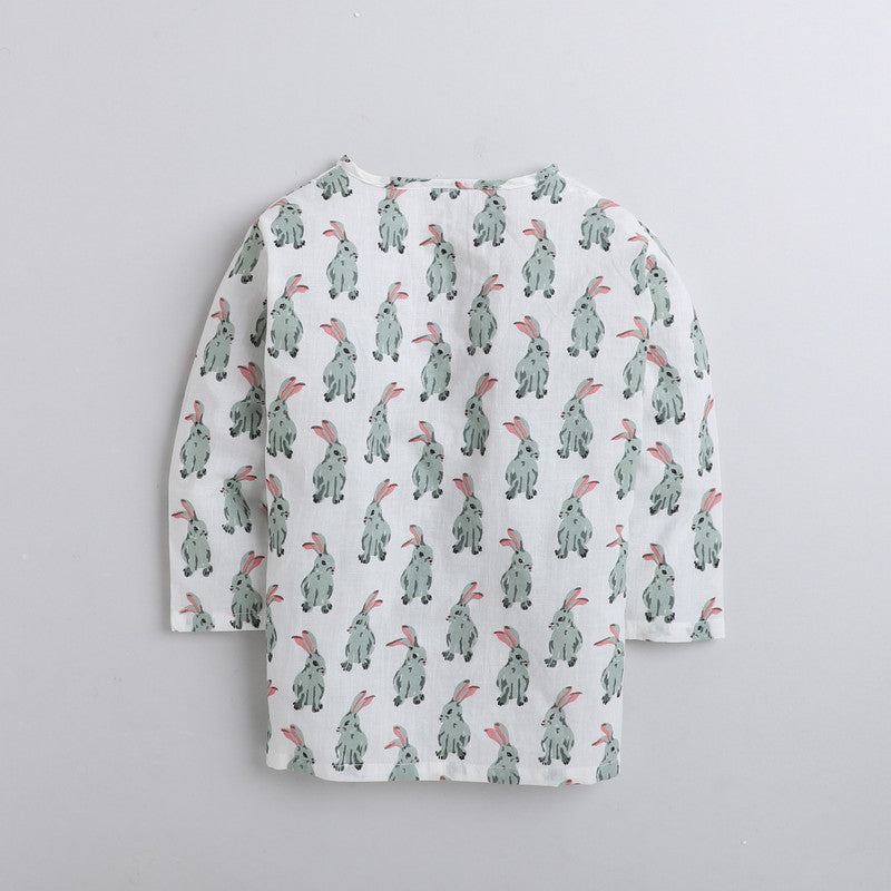 Polka Tots Full Sleeves Baby Night Wear Rabbit Kurta Pyjama - White - Laadlee
