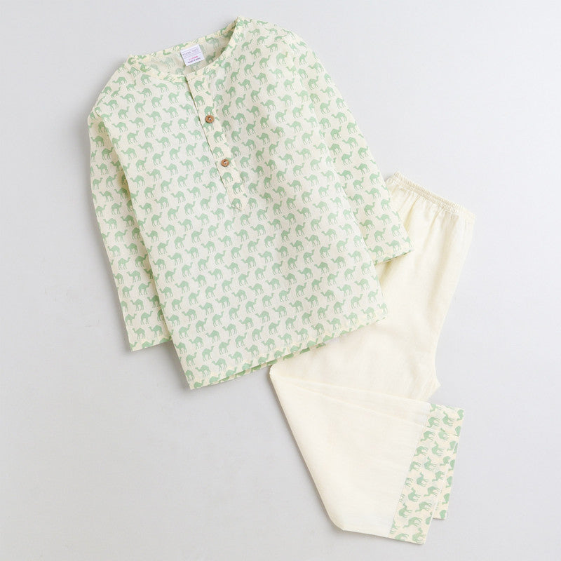 Polka Tots Full Sleeves Night Wear Camel Kurta Pyjama - Green - Laadlee