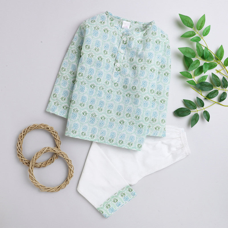 Polka Tots Full Sleeves Baby Night Wear Pineapple Kurta Pyjama - Green - Laadlee