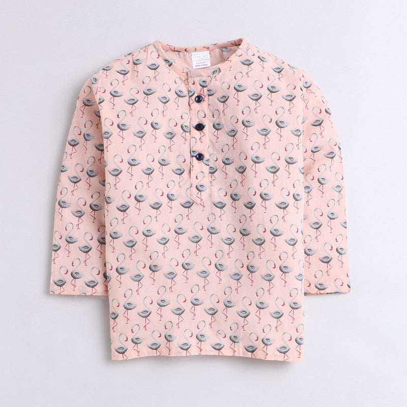 Polka Tots Full Sleeves Night Wear Fauna Kurta Pyjama - Peach - Laadlee