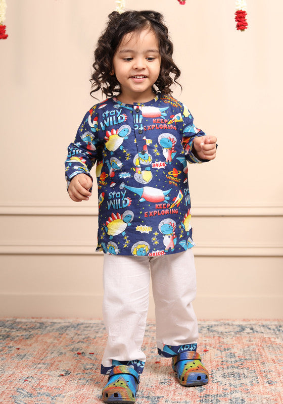 Polka Tots Full Sleeves Baby Night Wear Space Kurta Pyjama - Blue - Laadlee