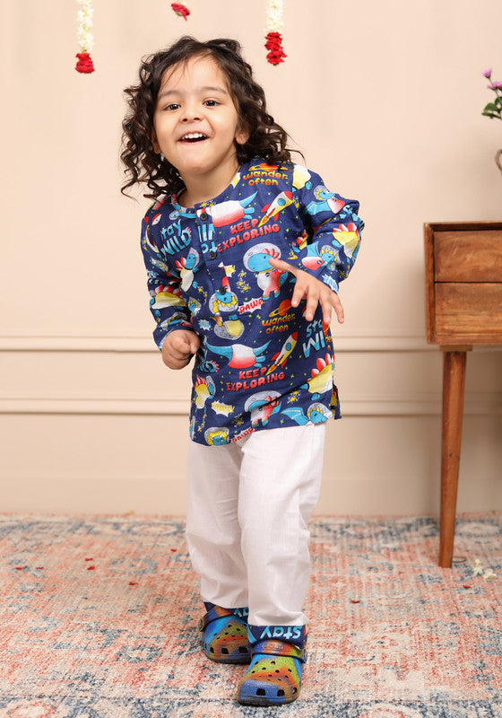 Polka Tots Full Sleeves Night Wear Space Kurta Pyjama - Blue - Laadlee