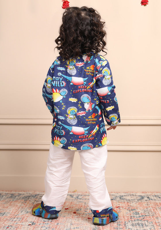 Polka Tots Full Sleeves Night Wear Space Kurta Pyjama - Blue - Laadlee