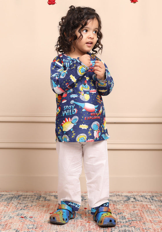 Polka Tots Full Sleeves Baby Night Wear Space Kurta Pyjama - Blue - Laadlee