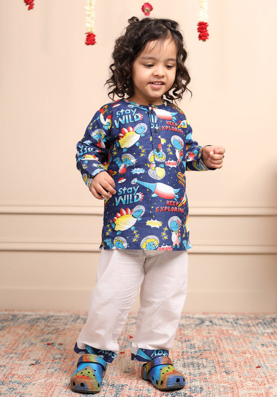 Polka Tots Full Sleeves Night Wear Space Kurta Pyjama - Blue - Laadlee