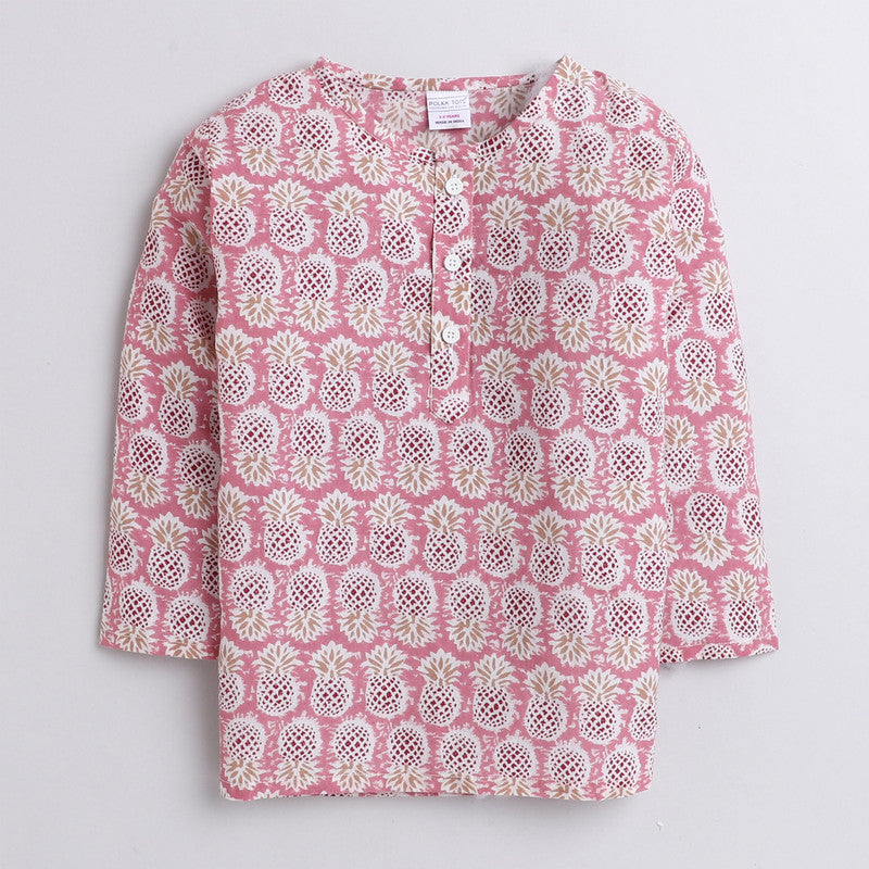Polka Tots Full Sleeves Night Wear Pineapple Kurta Pyjama - Pink - Laadlee