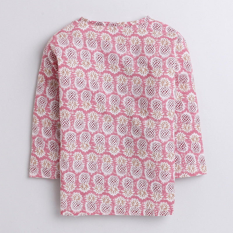 Polka Tots Full Sleeves Night Wear Pineapple Kurta Pyjama - Pink - Laadlee