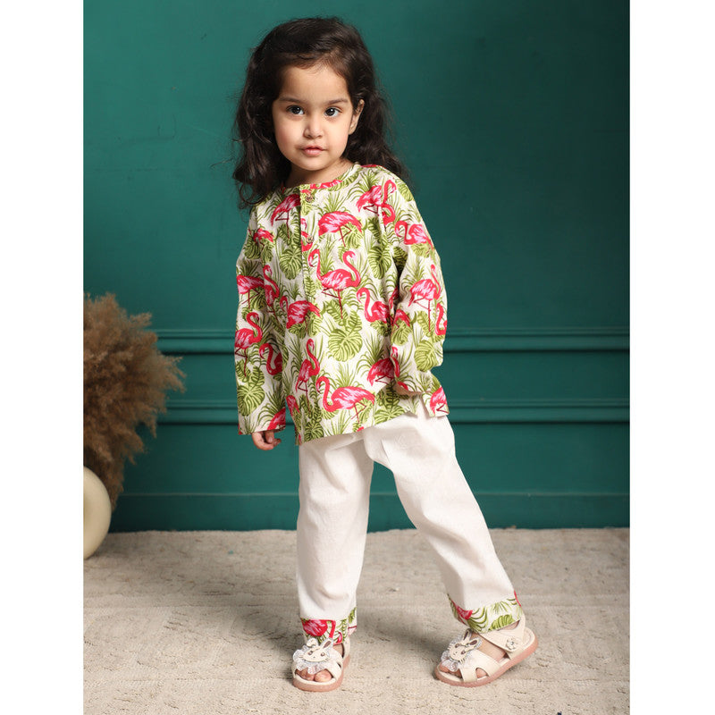 Polka Tots Full Sleeves Night Wear Swan Kurta Pyjama - Pink - Laadlee