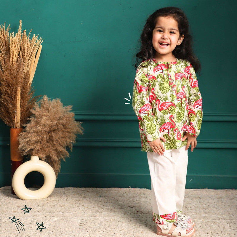 Polka Tots Full Sleeves Night Wear Swan Kurta Pyjama - Pink - Laadlee