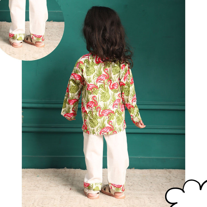 Polka Tots Full Sleeves Night Wear Swan Kurta Pyjama - Pink - Laadlee